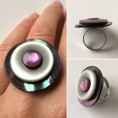 three different views of an adjustable ring with pink and white pearls on it, one in the middle