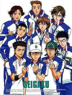 some anime characters are posing together for a group photo with the caption seigaku