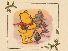 winnie the pooh and piglet christmas card with holly garlands on it's border