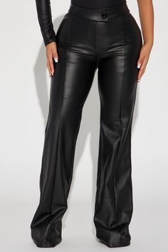 Available In Black And Chocolate. Dress Pants High Rise Asymmetrical Button Detail Front Seam Detail Side Zipper Closure Coated Faux Leather Stretch 93% Polyester 7% Spandex Imported | Call It Even Faux Leather Dress Pants in Black size Large by Fashion Nova High Waisted Dress, High Waisted Dress Pants, Fashion Nova Outfits, Fashion Nova Pants, Faux Leather Dress, Cute Everyday Outfits, Jumpsuit Fashion, Leather Dress, High Waisted Pants