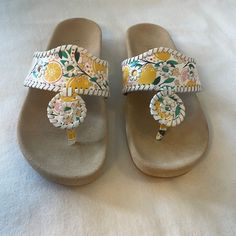 Jack Rogers Lemon Print Sandals New And Never Worn (There Are Some Marks On The Sides, So Please See Pictures. These May Come Off With Proper Cleaning, But I Haven’t Tried.) Sizing Is 9m, But Fit Like A Us Size 8 Yellow Flip Flops For Vacation, Yellow Vacation Flip Flops, Spring Adjustable Yellow Sandals, Yellow Open Toe Flip Flops For Summer, Yellow Flip Flops For Spring Vacation, Yellow Open Toe Summer Flip Flops, Yellow Summer Flip Flops For Spring, Lemon Print, Jack Rogers