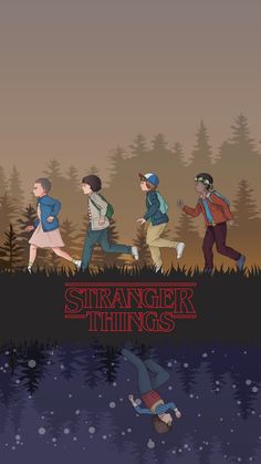 the poster for strange things featuring people running through water and trees in front of them