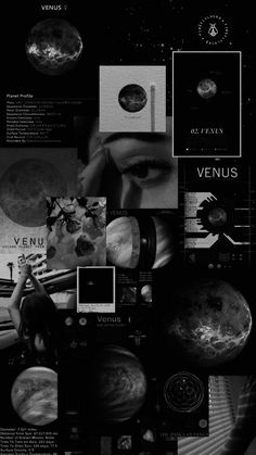 black and white collage with images of planets