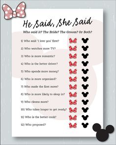 a minnie mouse question sheet with the words he said she said, who would it be?