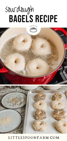 bagels are being cooked in a red pan and then covered with powdered sugar