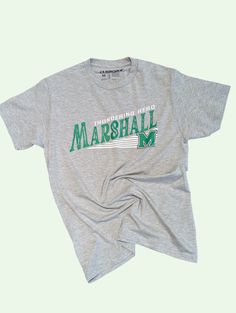 a flatlay shot of the marlett tee University Logo Graphic Cotton Tee, Marshall University, Hair Wrap Scarf, The Marshall, School Pride, Retro Font, Scarf Hairstyles, Womens Fall, Fashion Tops