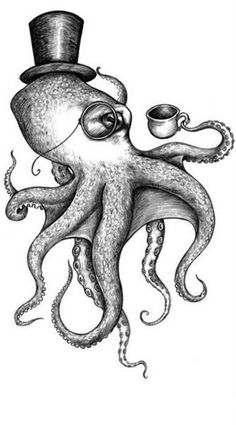 an octopus with a top hat and eye glasses holding a coffee cup in its mouth