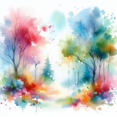 an abstract painting of trees and watercolors