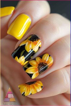 Bring a touch of nature to your nails with these beautiful sunflower nail designs. The vibrant yellow petals and realistic details make these sunflower nails perfect for any occasion. Get inspired with more sunflower nail art at nailhow.com. Black Sunflower Nail Ideas, Sunflower Manicure, Sunflower Nail Designs, Forest Green Nails, Sunflower Nail, Silk Wrap Nails, Yellow Nail Art, Yellow Nails Design