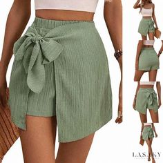 Lasaky - Asymmetrical Hem Elastic Waist Casual Shorts with Stylish Front Tie Versatile Asymmetrical Bottoms For Spring, Asymmetrical Fitted Bottoms For Summer, Fitted Asymmetrical Bottoms For Summer, Asymmetrical Fitted Summer Bottoms, Casual Summer Pants With Asymmetrical Hem, Summer Casual Pants With Asymmetrical Hem, Casual Asymmetrical Green Bottoms, Asymmetrical Green Bottoms For Summer, Chic Asymmetrical Summer Pants