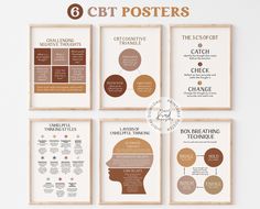 six posters with different types of people's heads and their names in brown on them