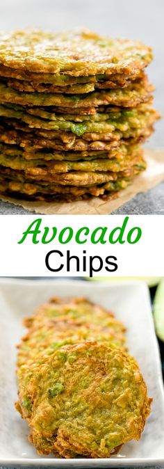 some food is stacked on top of each other with the words avocado chips above it