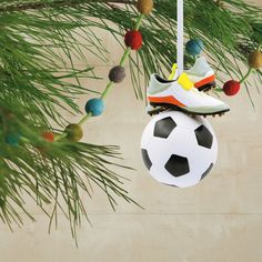 a soccer ornament hanging from a pine tree with balls and socks on it