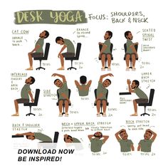 a man doing yoga poses for his back and neck, with instructions on how to do it