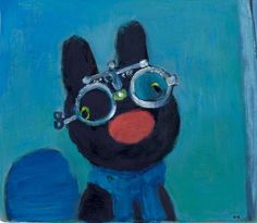 a painting of a black bunny wearing glasses