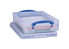 two plastic storage boxes with dividers and lids on each side, one has a blue handle