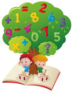 two kids sitting under the tree reading a book with numbers coming out of it illustration