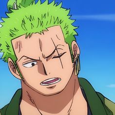 an anime character with green hair and piercings on his ears looking at the camera