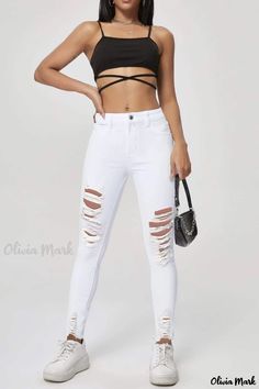 Olivia Mark - Classic White Solid High-Rise Skinny Fit Denim Jeans for Women with Distressed Details White Mid-rise Ripped Jeans, White High Rise Ripped Jeans, Street Wear Y2k, Denim Style Casual, Sleeveless Blazer, Spring Summer 2023, White Solid, Jeans Online, Ripped Denim