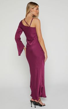 Khacy Midi Dress - One Shoulder Halter Dress in Plum Chic One-shoulder Dress With Asymmetrical Neckline For Prom, Elegant One Shoulder Bridesmaid Dress For Prom Season, Purple Satin Midi Dress For Evening, One-shoulder Midi Dress For Prom, Purple Off-shoulder Maxi Dress For Party, Glamorous One Shoulder Maxi Dress For Night Out, Glamorous One Shoulder Satin Maxi Dress, Formal Midi Dress With Asymmetrical Neckline For Prom, Glamorous One-shoulder Satin Maxi Dress