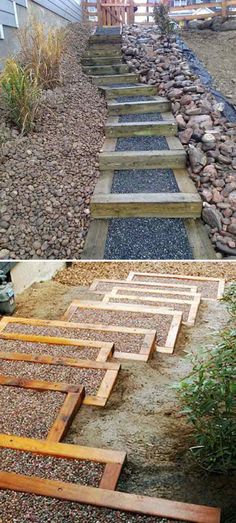 the steps are made out of wood and gravel