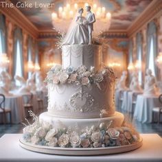 a wedding cake with white frosting and flowers on top in front of a chandelier