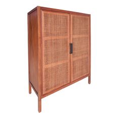 a wooden cabinet with wicker doors and handles