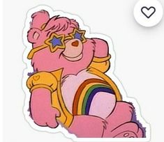 a pink teddy bear wearing sunglasses and holding a rainbow