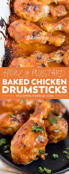 honey mustard baked chicken drumsticks on a black plate