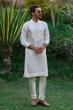 Ivory kurta with pintuck details. Paired with an ivory churidar. - Aza Fashions Traditional Festive Kurta With Pintucks, Festive Traditional Kurta With Pintucks, Traditional Kurta With Pintucks For Eid, Traditional Straight Kurta With Pintucks, Traditional Pintucks Kurta, Men Kurta, Silk Linen, Band Collar, Churidar