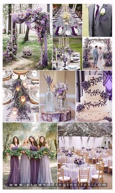 a collage of photos with purple and white wedding colors, including the bride and groom