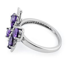 Top of ring height: 16mm Top of ring width: 16.5mm Band width: 2mm  Stone material: purple & clear cubic zirconia Center stone size: 7mm x 4mm Stone shape: pear shape & round Center stone carat weight: 0.7 ct. Total number of CZ stones: 4 Stone setting: prong setting  Metal: 925 sterling silver Plating: rhodium plated  Finish: high polish Amethyst Butterfly, Stone Material, Butterfly Ring, Stone Setting, Three Stone Engagement Rings, Cz Ring, Cz Stone, Three Stone, Stone Settings