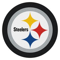 the pittsburgh steeles logo is shown on a black and white circle with red, yellow, and blue colors