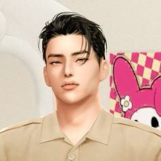 an animated image of a man with black hair and bunny ears on his head, wearing a beige polo shirt