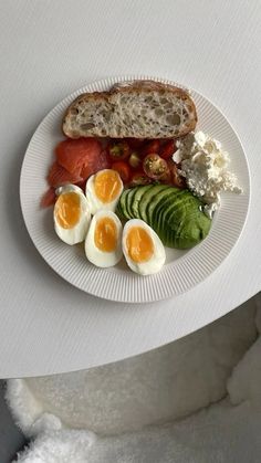 a white plate topped with eggs, tomatoes and avocado on top of a table