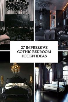 black and white bedroom decor with chandelier, bedding, pillows and curtains