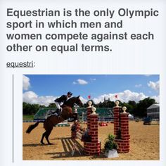 a horse and rider jumping over obstacles in an equestrian event, with the caption'equestrian is the only olympic sport in which men and women compete against each other on equal