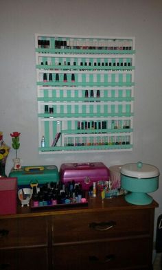 Homemade nail polish rack painted with Nostalgic Turquoise Green. Nail Polish Rack, Turquoise Green, Photo Wall, Nail Polish, Turquoise, Nails, Green, Wall