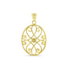 "14k yellow gold filigree oval pendant. measures approx 1 1/4\" by 3/4\". high polish finish." Gold Filigree Oval Pendant Necklace, Gold Filigree Oval Link Jewelry, Yellow Gold Oval Pendant With Intricate Design, Gold Oval Filigree Necklace, Gold Oval Filigree Necklaces, Oval Gold Filigree Necklace, Oval Yellow Gold Filigree Jewelry, Ornate Oval Filigree Pendant Jewelry, Ornate Filigree Oval Pendant Jewelry