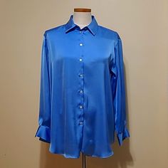 Zara Satin Blouse Medium Blue Mother Of Pearl Buttons Long Sleeved With Double Button Cuff Satin Blouse, Satin Top, Mother Of Pearl Buttons, Pearl Buttons, Blue Blouse, Zara Tops, Medium Blue, Mother Of Pearl, Top Blouse