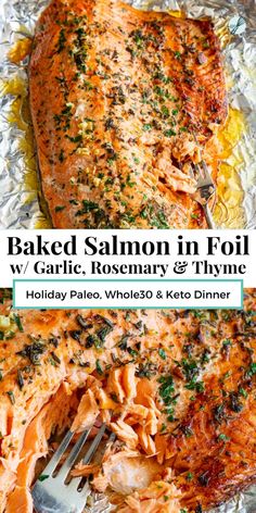 baked salmon in foil with garlic, rosemary and thyme on it is shown next to a fork