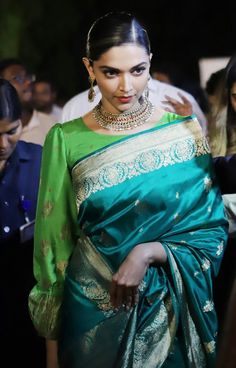 Golden Sarees, Dark Green Saree, Sequin Saree, Banarsi Saree, Golden Border, Indian Saree Blouses Designs