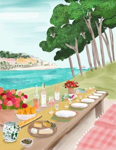 a painting of a picnic table with food and drinks on it, overlooking the ocean