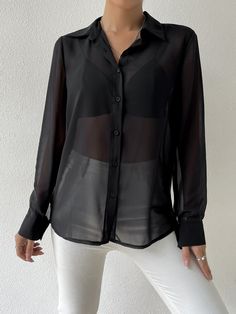 Black Sexy Collar Long Sleeve Chiffon Plain Shirt Embellished Non-Stretch  Women Tops, Blouses & Tee Sheer Button Up Blouse Outfit, Transparent Shirt Outfit, Sheer Black Shirt, Chiffon Shirt Blouse, Women Chiffon Blouse, Black Button Up Shirt, Without Bra, Black Sheer Top, Black Sheer Blouse