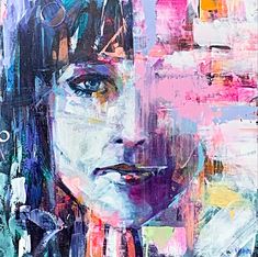 an abstract painting of a woman's face with multiple colors and shapes on it