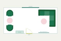 a floor plan for a living room with green furniture and pink accents on the walls