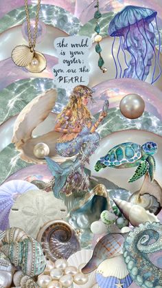 the mermaid is surrounded by seashells and pearls