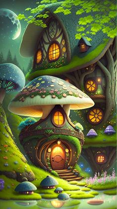 a painting of a mushroom house in the woods