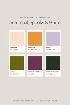 5 Autumnal Colour Palettes for Your Brand Vivid Autumn Color Palette, October Colors Palette, Muted Halloween Color Palette, Halloween Hex Codes, Unique Fall Color Palette, Cosy Colour Palette, Fall Hex Codes, Fall Color Palette Hex Codes, Coding Branding