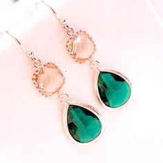 Rose Gold Drop Earrings For Mother's Day, Mother's Day Rose Gold Drop Earrings, Nickel-free Dangle Earrings For Bridesmaids, Nickel Free Dangle Earrings For Bridesmaids, Rose Gold Bridal Earrings For Gift, Rose Gold Bridal Earrings As Gift, Elegant Green Earrings For Mother's Day, Hypoallergenic Green Jewelry For Weddings, Green Drop Earrings For Bridesmaid Gift